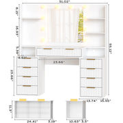 Ktaxon Large Makeup Vanity with 9 Drawers, Flutted Vanity Table Set with Lighted Mirror, Get Ready with Me, White