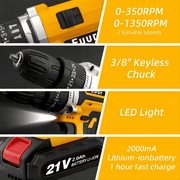 Airxpro airxpro-0023 Cordless Drill Set, 21V, 2Ah Battery, 3/8-Inch Keyless Chuck, 25+1 Position Clutch, 2-Speed Transmission, LED Light, Yellow