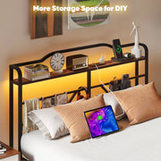 NISIEN Queen Size Bed Frame with LED Storage Headboard, RGB Lights, Charging Station, Metal Platform, Black