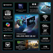 Acer Predator Helios Neo 18 AI Gaming Laptop, Intel Core Ultra 9 275HX Processor, NVIDIA GeForce RTX 5070 Ti 12GB GDDR7, 18