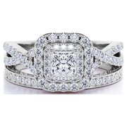 JeenMata RHJGJmnn21504 1.25 ct - Square Moissanite Double Halo Twisted Band Vintage Inspired Pave Ring Set