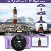 Saneen WX02 Digital Camera 6K 64MP Wifi Vlogging Cameras  3''180 Flip Screen 16X Zoom 32GB SD Card 52mm Lens Purple
