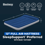 Bestway SleepSupport Full Air Mattress, 12 in Thick, Built-in AC Pump, Durable Internal Beams, Storage Bag Included