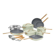 Beautiful 18-Piece EverGood Ceramic Nonstick Cookware Set with Strainer Lids, Gold-Finished Handles, Sage Green, 29334