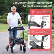 Cosywill Rollator Walker with Seat, Foldable, 10-Inch EVA Wheels, Adjustable Height, Removable Back Support, 300 lb Capacity, Red
