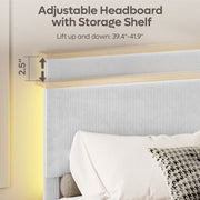 Bestier King Platform Bed Frame with Adjustable Storage Headboard Shelf, RGB LED Lighting, Corduroy Upholstered, Light Gray