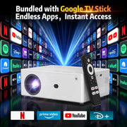 FRESHDEW Smart Projector, Native 1080P Full HD with 4K Support, AI Voice Control, WiFi 6, Bluetooth 5.2, Electric Focus, Auto Keystone, White, Bundled with Google TV Stick V05