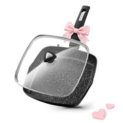 Koch Systeme CS 11 Inch Nonstick Grill Pan with Marble Coating, Square Skillet with Lid, Bakelite Handle, Black