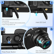 XLURC 4K Digital Camera, 88MP CMOS Sensor, 24X Optical Zoom, Auto Focus, 3-Inch 180 Flip Touchscreen, WiFi Enabled, Black, WD200-1-Black