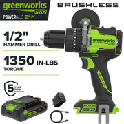 Greenworks Pro PowerAll 24V Brushless Hammer Drill, 1,350 in-lb Torque, 2.0 Ah USB-C Battery, 65W Charger, HD5150A1