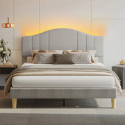 Pinmoco Full Upholstered Bed Frame with Adjustable Arc-Shaped Headboard, Warm Orange LED Lighting, Gray Fabric