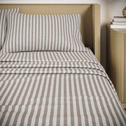 Beautiful Botanical 4-Piece King Sheet Set, 100% Pre-Washed Cotton Percale, 200 Thread Count, Natural Striped