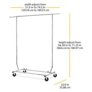 Whitmor Rolling Folding Garment Rack, Adjustable Width 51-74.5 in, Height 66-71 in, Heavy Duty Chrome Metal with Locking Wheels, Foldable for Storage, 6339-8115