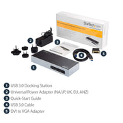 StarTech.com Laptop Docking Station, USB 3.0 Dual Monitor with HDMI and DVI/VGA, 6-Port USB 3.1 Hub, Gigabit Ethernet, Audio, Black and Silver, DK30ADD