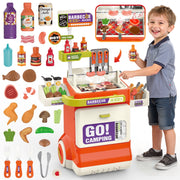 Huge Wave Kids BBQ Grill Playset, 51-Piece Pretend Cooking Toy with Realistic Smoke, Sound & Light Effects, Movable Cart with Expandable Shelves, Outdoor and Indoor Play for Ages 3-6
