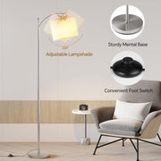 SUNMORY Arc Floor Lamp with Adjustable Hanging Linen Shade, 9W LED Bulb with 3 Color Temperatures, Foot Switch, Silver