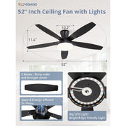 Zardon 52in Ceiling Fan with Light, Remote Control, Reversible Motor, 6 Speeds, Flush Mount, Indoor Outdoor, Black HQ52