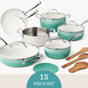 The Pioneer Woman Harlow 15-Piece Ceramic Non-Stick Cookware Set, Green, Aluminum Pots and Pans with Stainless Steel Handles