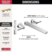 Delta Faucet Galeon Tub Filler, Solid Brass, Lumicoat Chrome, Wall Mount, Double Handle, Rigid High-Arc Spout, T5771-PR-WL