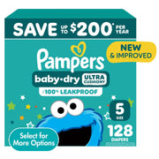 Pampers Baby Dry Diapers, Size 5, 128 Count, Leakproof Protection, Hypoallergenic, Wetness Indicator