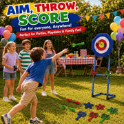 Plustopoy Axe Throwing Game Set, 3-in-1 Outdoor Target with 3 Plastic Axes, 3 Star Darts, Adjustable Stand up to 53 in, Portable, Blue