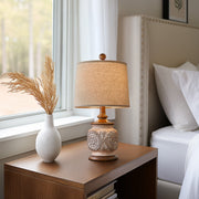 Oneach Vintage Table Lamps Set of 2, Brown Resin Base with Floral Carving, Beige Linen Drum Shade, 18.75 in, Farmhouse Style, Rotary Switch, AMZ-T1094RS