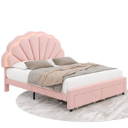 Homfa HFT-UP-107 LED Velvet Upholstered Platform Bed with Adjustable Petal Headboard And Drawer for Kid, Full Pink