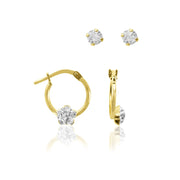 Brilliance Fine Jewelry 10K Gold Filled Crystal Children's Earrings Set, Floral Pav Design, Yellow Gold, Studs and Hoops