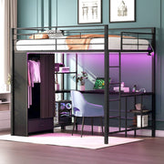 Ktaxon Twin Loft Bed with Metal Frame, Built-In Wardrobe, Desk, LED Light, Safety Fence, Black, 78 in
