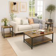 Dowellia 3-Piece Coffee Table Set, Rustic Brown Wood Tops, Black Metal Frame, Includes 1 Rectangular Coffee Table & 2 Square End Tables - Easy Assembly