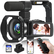 Saneen 8K Video Camera Camcorder, 48MP UHD, 3-Inch Rotatable Touchscreen, IR Night Vision with LED Fill Light, 18X Digital Zoom, External Microphone with Noise Reduction, Handheld Stabilizer, 32GB SD Card