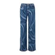 Sahldv Women's Wave Print Slim-Leg Girlfriend Jeans, Mid-Rise, XL, Blue