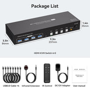 AUBEAMTO Dual Monitor HDMI KVM Switch, 4-Port, 4 Computers, 2 Monitors, 8K@60Hz, 4K@120Hz, USB 3.0 Sharing, Copy and Extend Mode, Remote Control, SW243-2HD