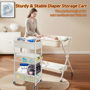 Gofinoday 3-Tier Diaper Caddy Cart with Adjustable Dividers and 8 Mesh Side Pockets, Lockable Wheels, White Metal Frame, 17x11x32 in