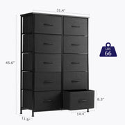 EDX Nightstand Tower 10 Drawer Dresser Fabric Black