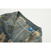 Panan Retro Inspired Floral Printed High-Waisted Wide-Leg Denim Jeans, Light Wash Blue, Mid-Rise, Full Length, Cotton