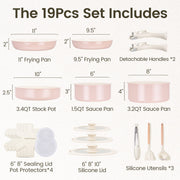 Chef Power Ceramic Nonstick Cookware Set, 19 Piece, Detachable Handle, Induction Compatible, Oven and Dishwasher Safe, Light Pink