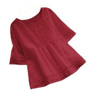 Cagogo Women's Short Sleeve T-Shirts Cotton Linen Eyelet Round Neck Casual Tops for Summer