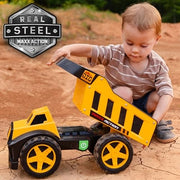 Maxx Action Steel Dump Truck Toy, 16in, Motorized Dumping Bed, Lights and Sounds, Metal and Plastic Construction, Yellow and Black