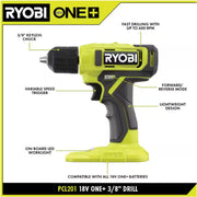 Ryobi ONE+ 18V Cordless 3/8 in. Drill Driver Kit with 1.5 Ah Battery, Charger, Keyless Chuck, LED Worklight, PCL201K1