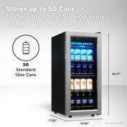 TCL Beverage Cooler, 1.8 Cu Ft, Single Zone, 50 Can Capacity, Black with Stainless Steel Trim, Tempered Glass Door, Adjustable 38-50F, LED Lighting, TRV050FAS