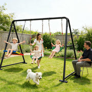 Yacona Outdoor Swing Set for Kids, Metal A-Frame, 3 Swings with Platform, Belt, and Saucer, Adjustable Ropes, Black