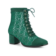 BLISSFUL STEP Women's Ankle Boots, Floral Lace Design, Square Toe, Lace-Up and Side Zip Closure, 2.4-Inch Block Heel, Green, Size 9