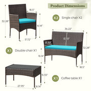 Homall 4 Pieces Outdoor Patio Furniture Set, Weather-Resistant PE Rattan Wicker, Steel Frame, Cushions with Removable Covers, Tempered Glass Table, Blue Beige