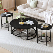 LinkRomat 3-Piece Coffee Table Set with Storage, Round Coffee Table & 2 Matching End Tables, Black