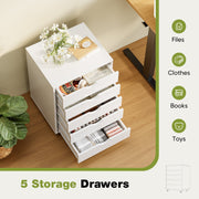 EDX Gianna Wood File Cabinet, 5 Drawer Storage with Lockable Wheels, White