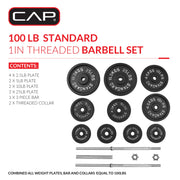 Cap Barbell 100lb Standard Cast Iron Weight Set with Thread Lock 3-Pc Bar, Black, RS2IS-100T3-TC