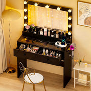 Ktaxon GRWM Makeup Vanity Desk with Lighted Mirror, Built-In Charging Station, Hair Dryer Rack, Glass Drawers, Black