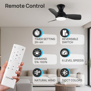 Consciot 30-Inch Flush Mount Ceiling Fan with Dimmable 3-Color LED Light, Remote Control, 6 Speeds, Reversible Quiet DC Motor, Black, CL17004-B-WM