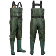 Gieeshield Waterproof Bootfoot Chest Waders, Lightweight 2-Ply Nylon PVC, Adjustable H-Back Suspenders, Waterproof Zipper Pocket, Boot Hanger, Green, M7 W9 DQ-WADERS-GR7